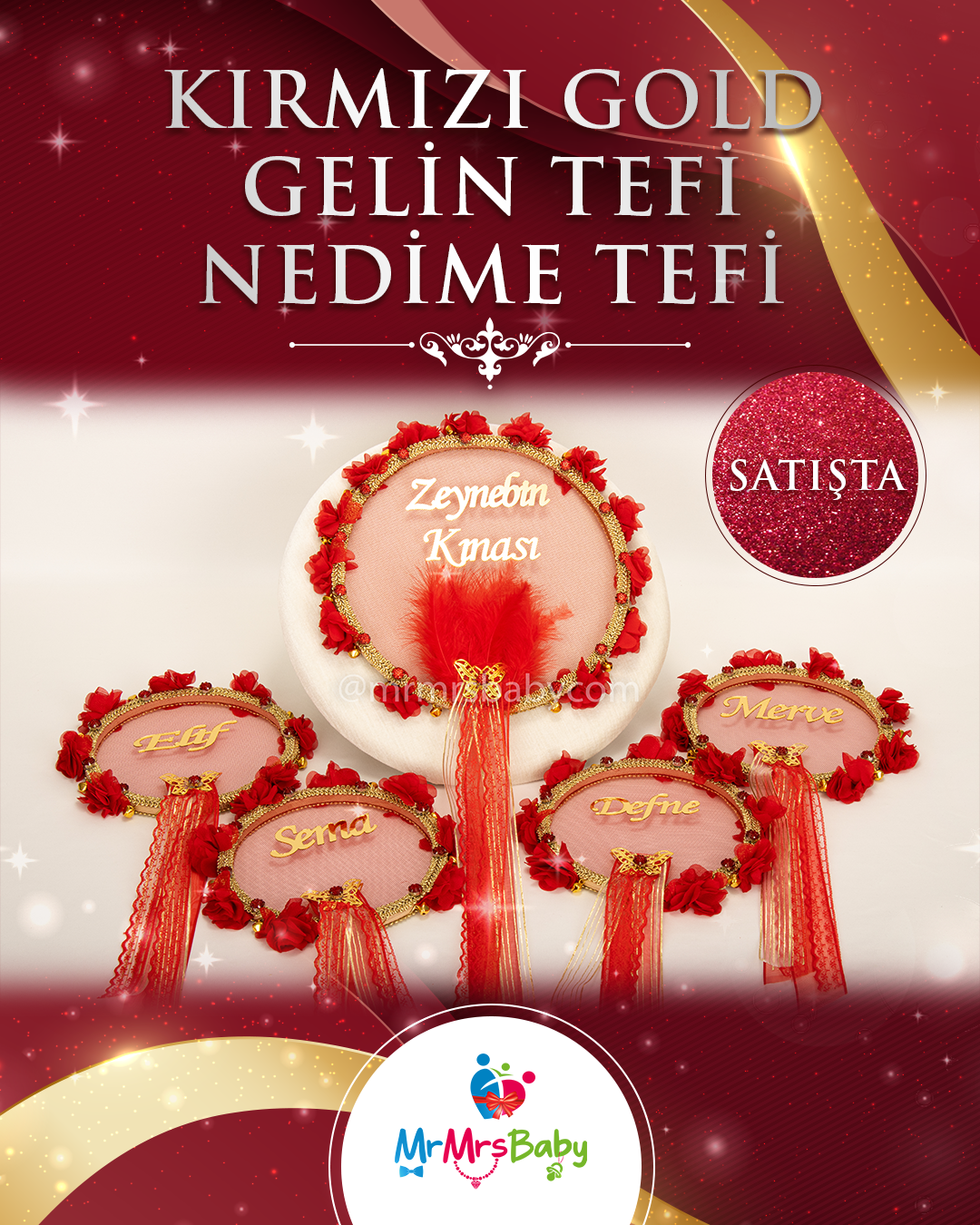 Kırmızı  Lazer Güllü Kırmızı Taşlı  Pleksi İsimli Büyük  Tüylü Gelin Tefi