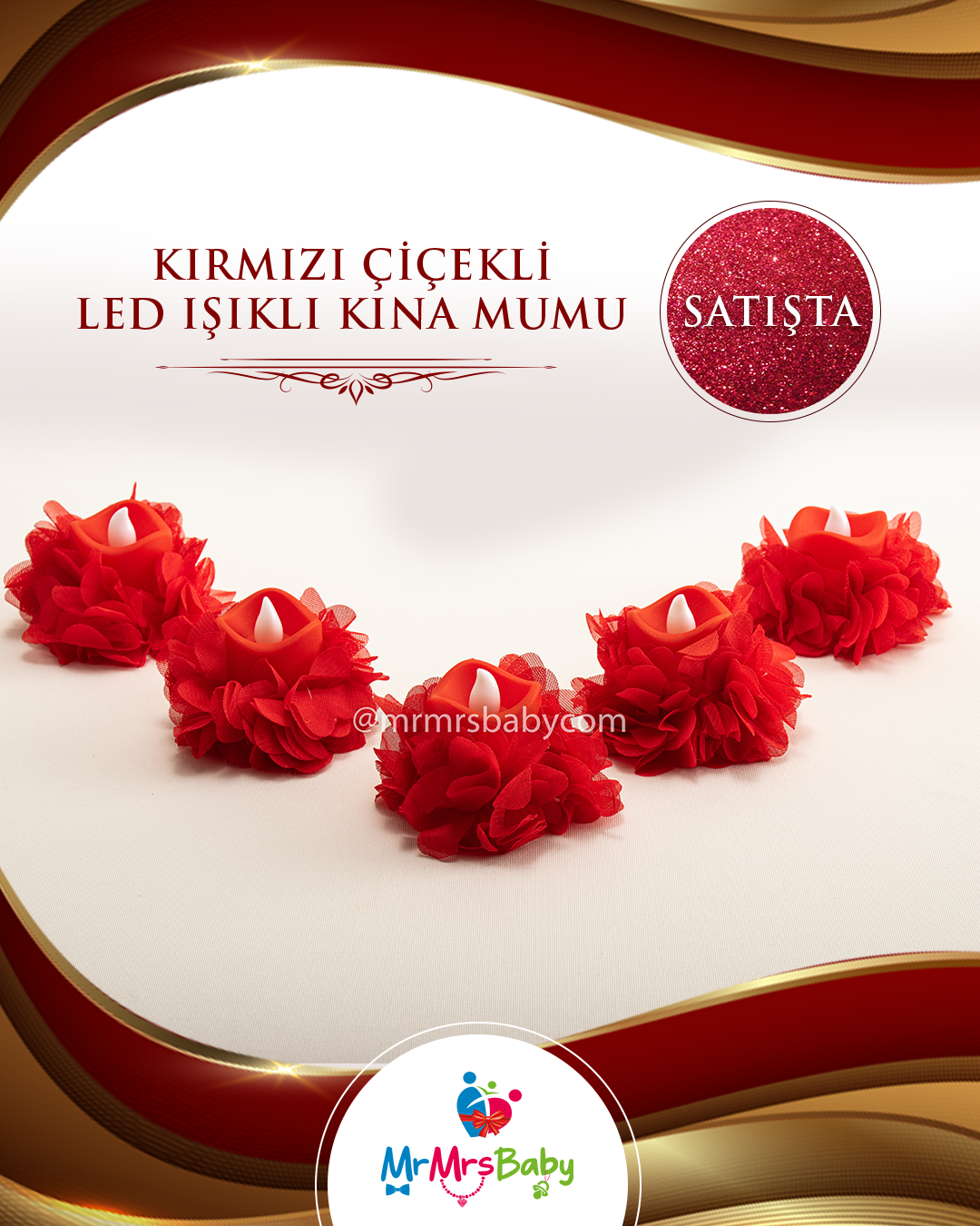 Kırmızı Led Işıklı Lazer Güllü Kına Mumu 10 Adet