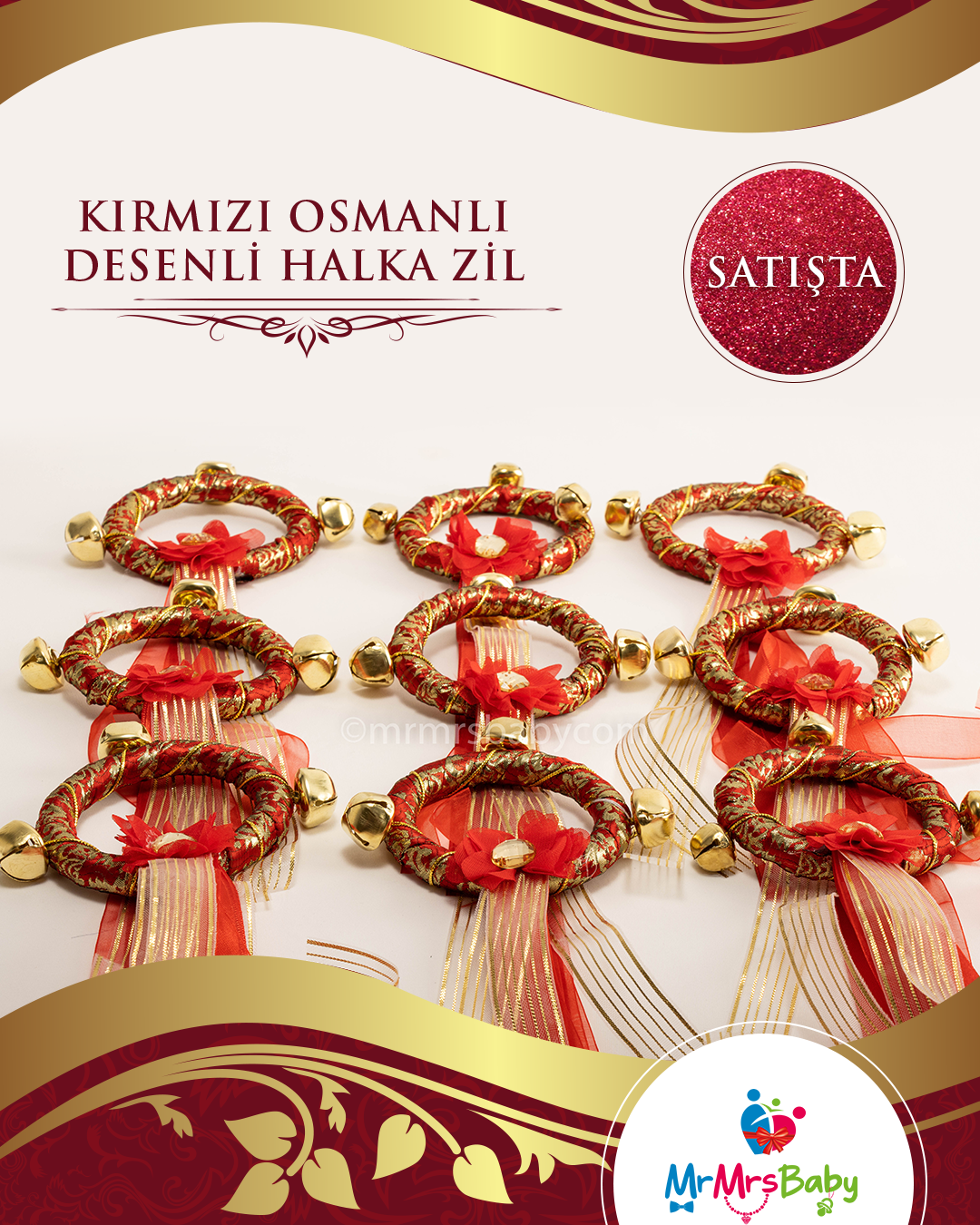 Kırmızı Osmanlı Desenli Halka Zil 10 Adet