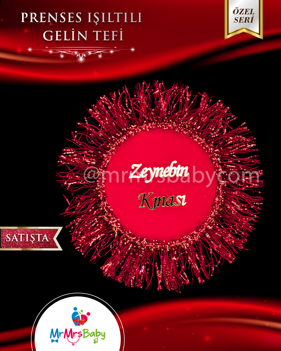 Kırmızı Pullu Püsküllü   Pleksi İsimli Büyük Gelin Tefi