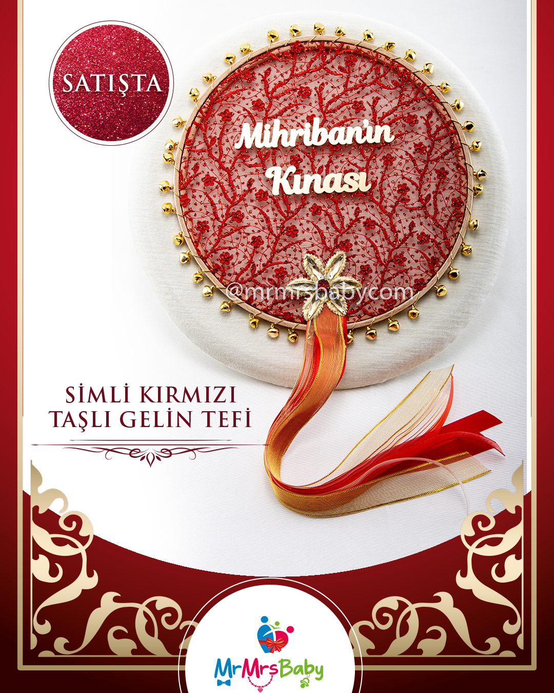 Kırmızı Simli Aplike Dantelli Gold Çiçekli  Pleksi İsimli Büyük Gelin Tefi