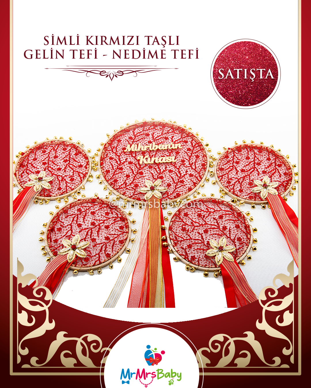 Kırmızı Simli Dantelli Gold Çiçekli  Pleksi İsimli Nedime Tefi