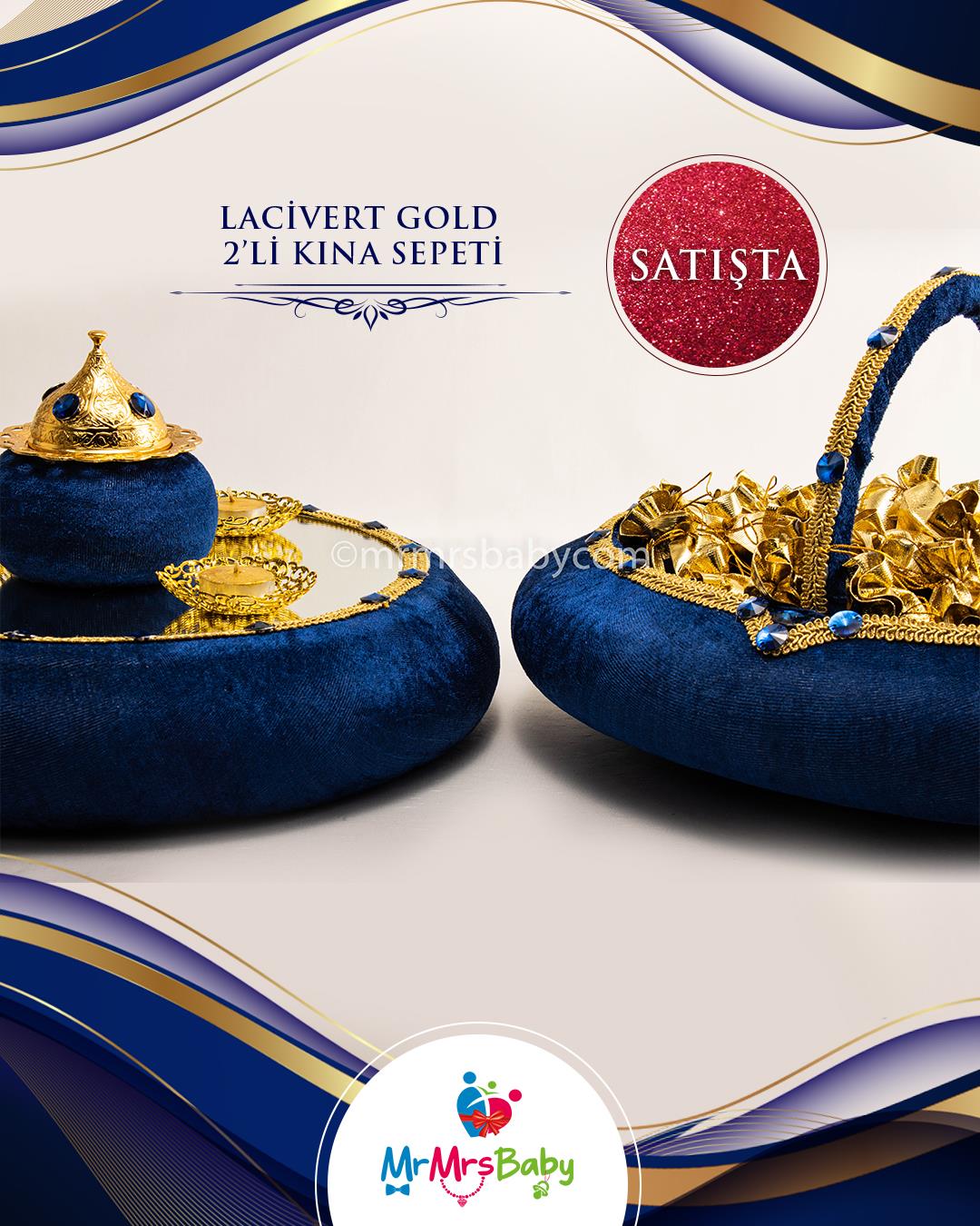 Lacivert Gold Aynalı Kadife İkili Kına Sepeti