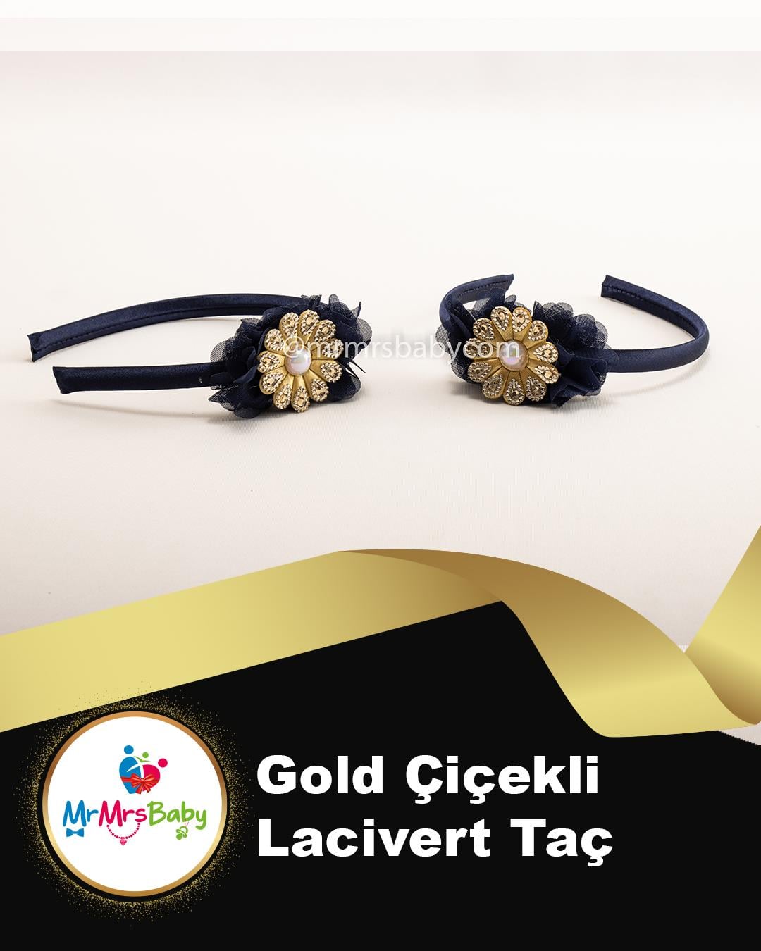 Lacivert Gold Çiçekli İncili Nedime Tacı