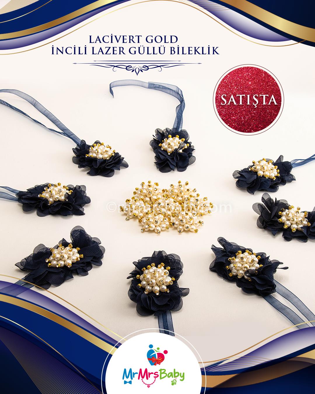 Lacivert Gold İncili Nedime Bilekliği 10 Adet