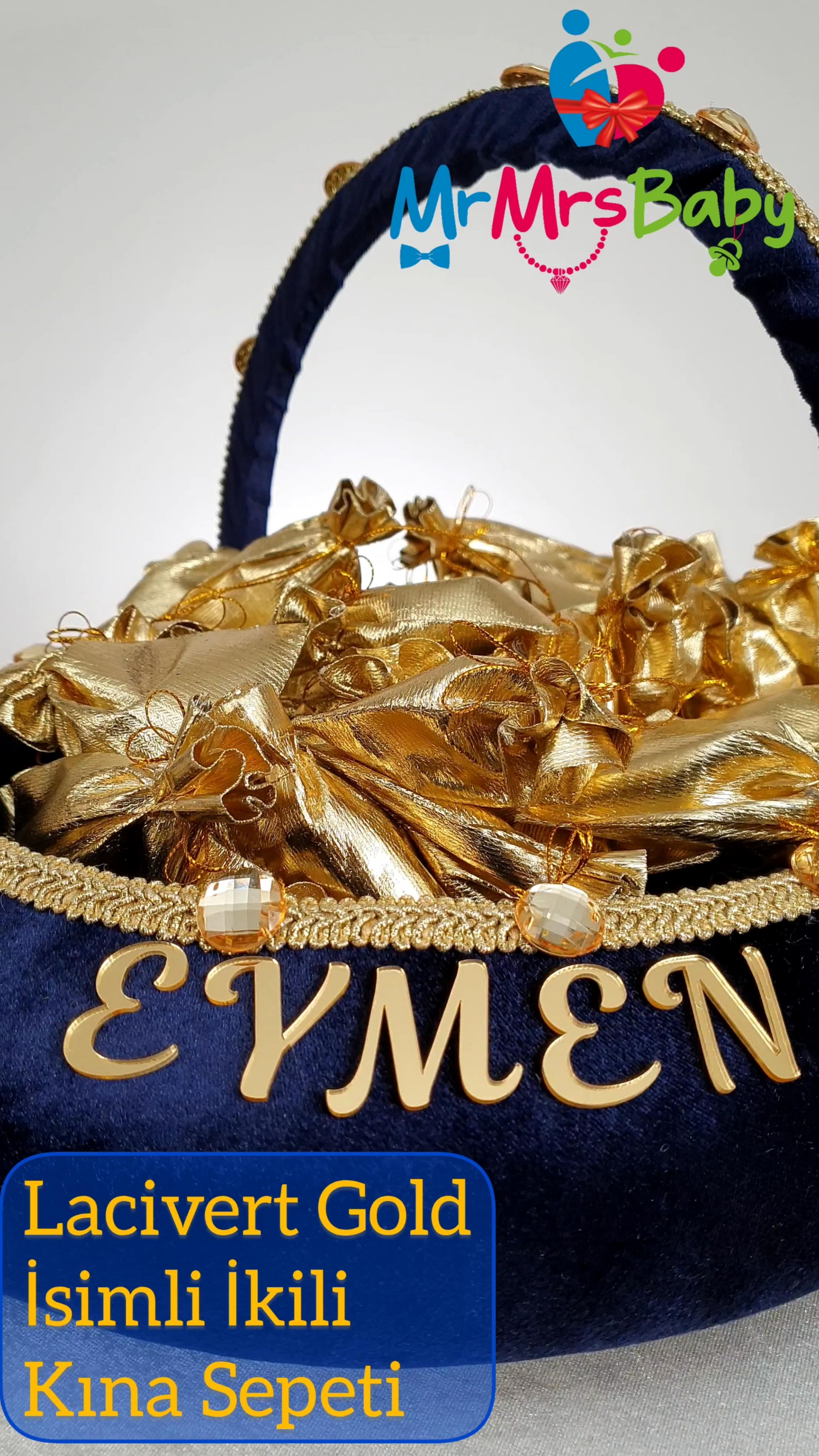 Lacivert Gold İsimli Aynalı Kadife İkili Kına Sepeti