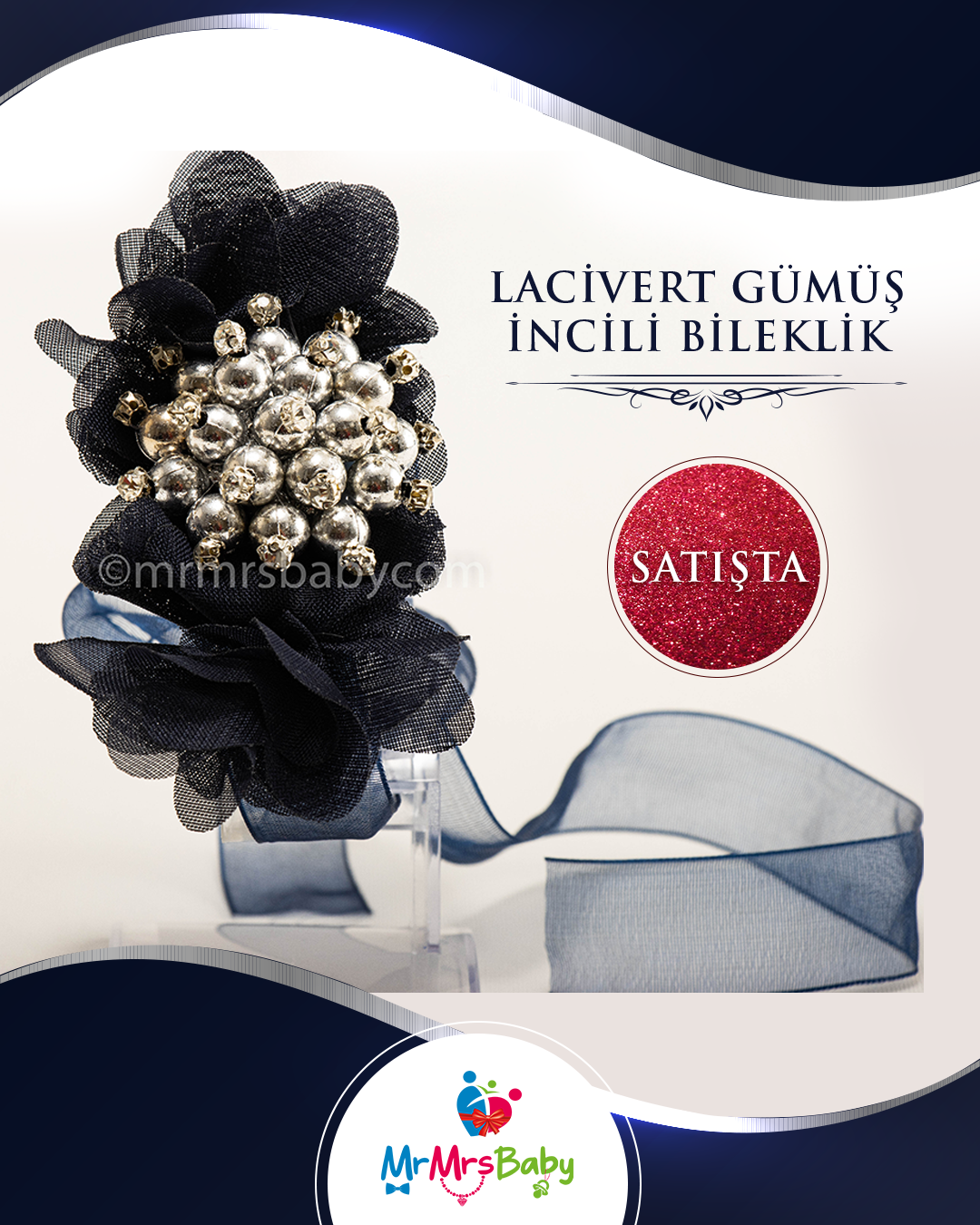 Lacivert Gümüş İncili Nedime Bilekliği