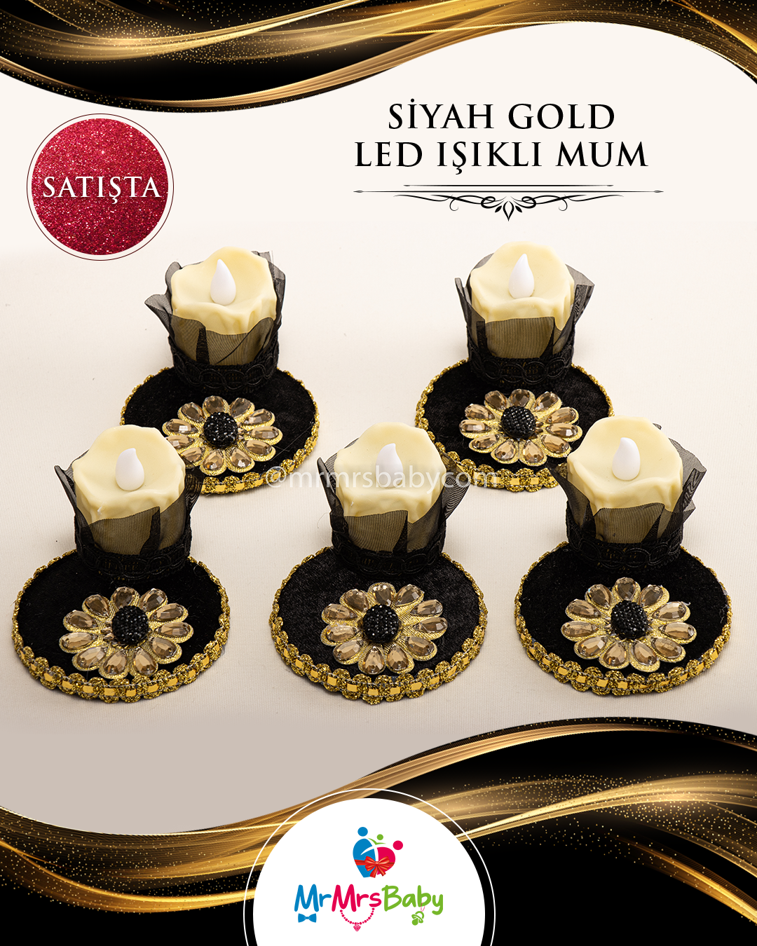 Led Işıklı Kadife Kaplı Siyah Gold Kına Mumu