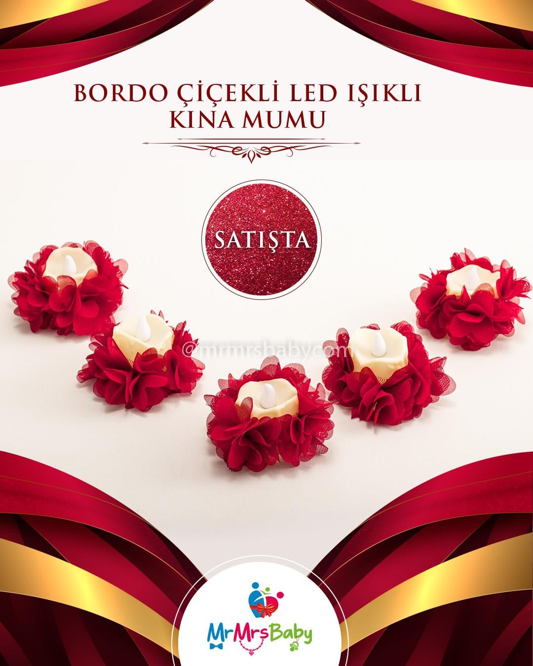 Led Işıklı Lazer Güllü Bordo Kına Mumu 10 Adet