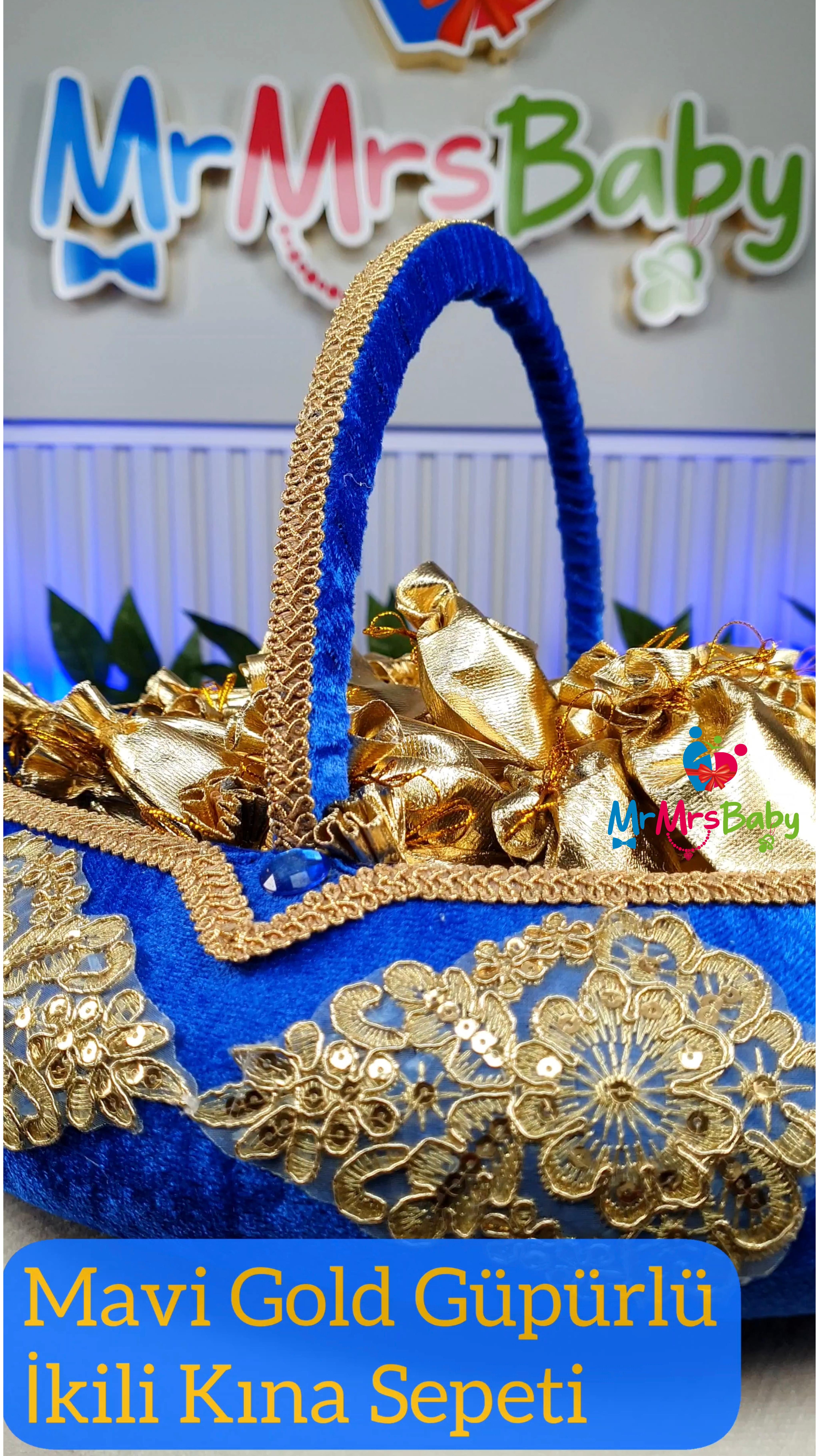 Mavi Gold Güpürlü Aynalı Kadife İkili Kına Sepeti