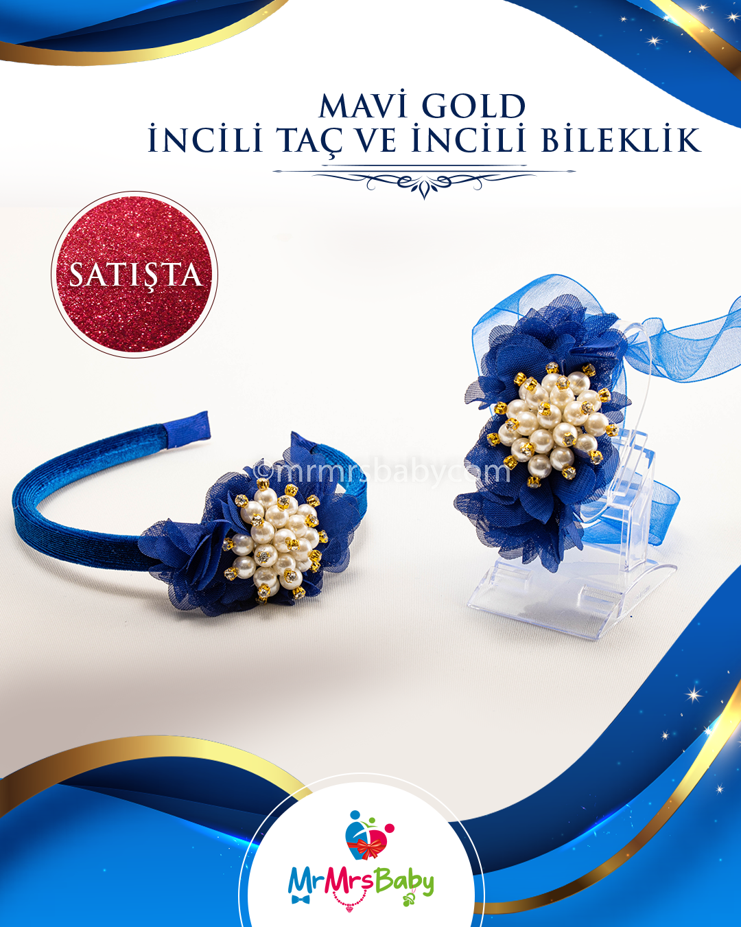 Mavi Gold İncili Çiçekli Nedime Tacı