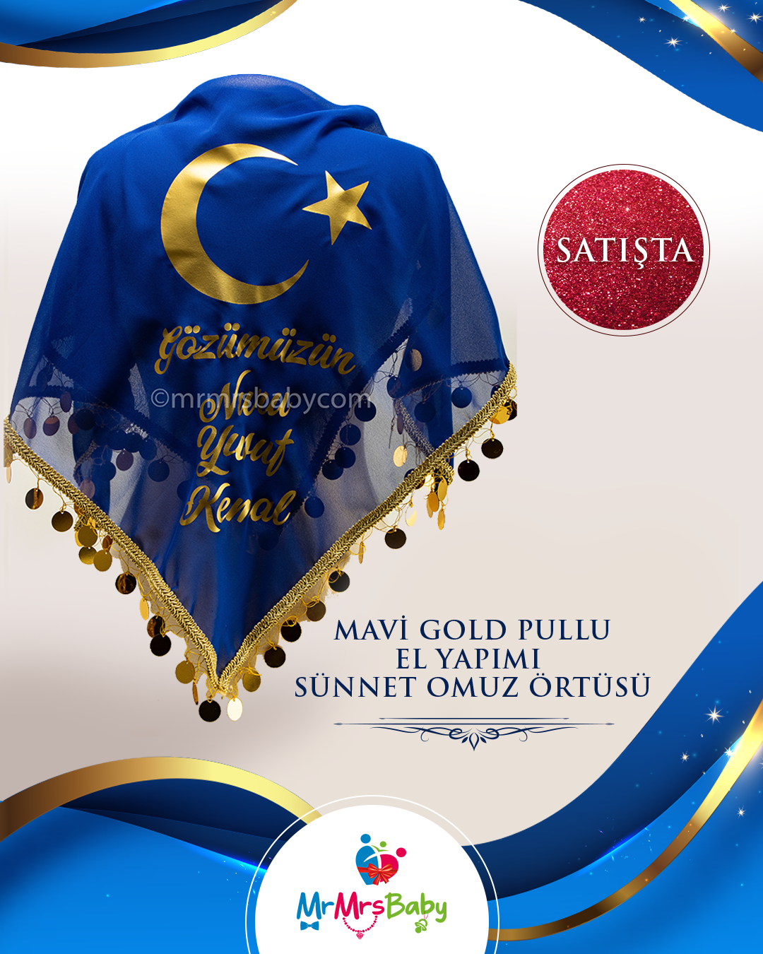 Mavi Gold Pullu Sünnet Omuz Örtüsü İsimli