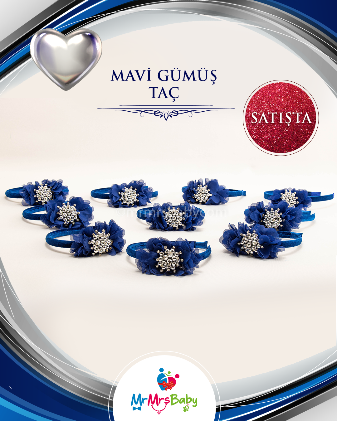 Mavi Gümüş  İncili Çiçekli Nedime Tacı 10 Adet