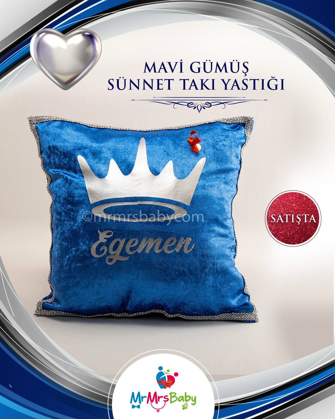 Mavi Gümüş Sünnet Takı Yastığı