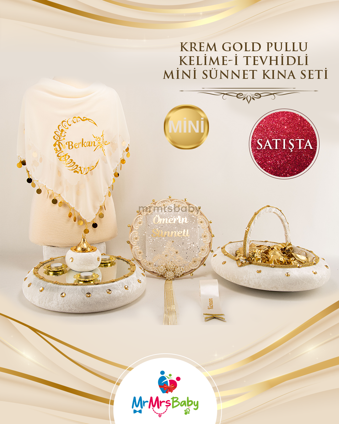 Mini Hilal Kelime-i Tevhid Yazılı İncili Simli Krem Gold  Sünnet Kına Seti