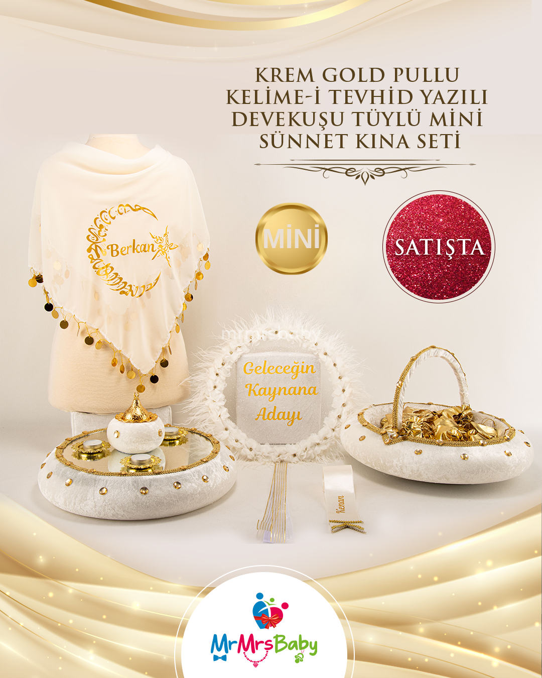 Mini Hilal Kelime-i Tevhid Yazılı Krem Gold Devekuşu Tüylü Sünnet Kına Seti