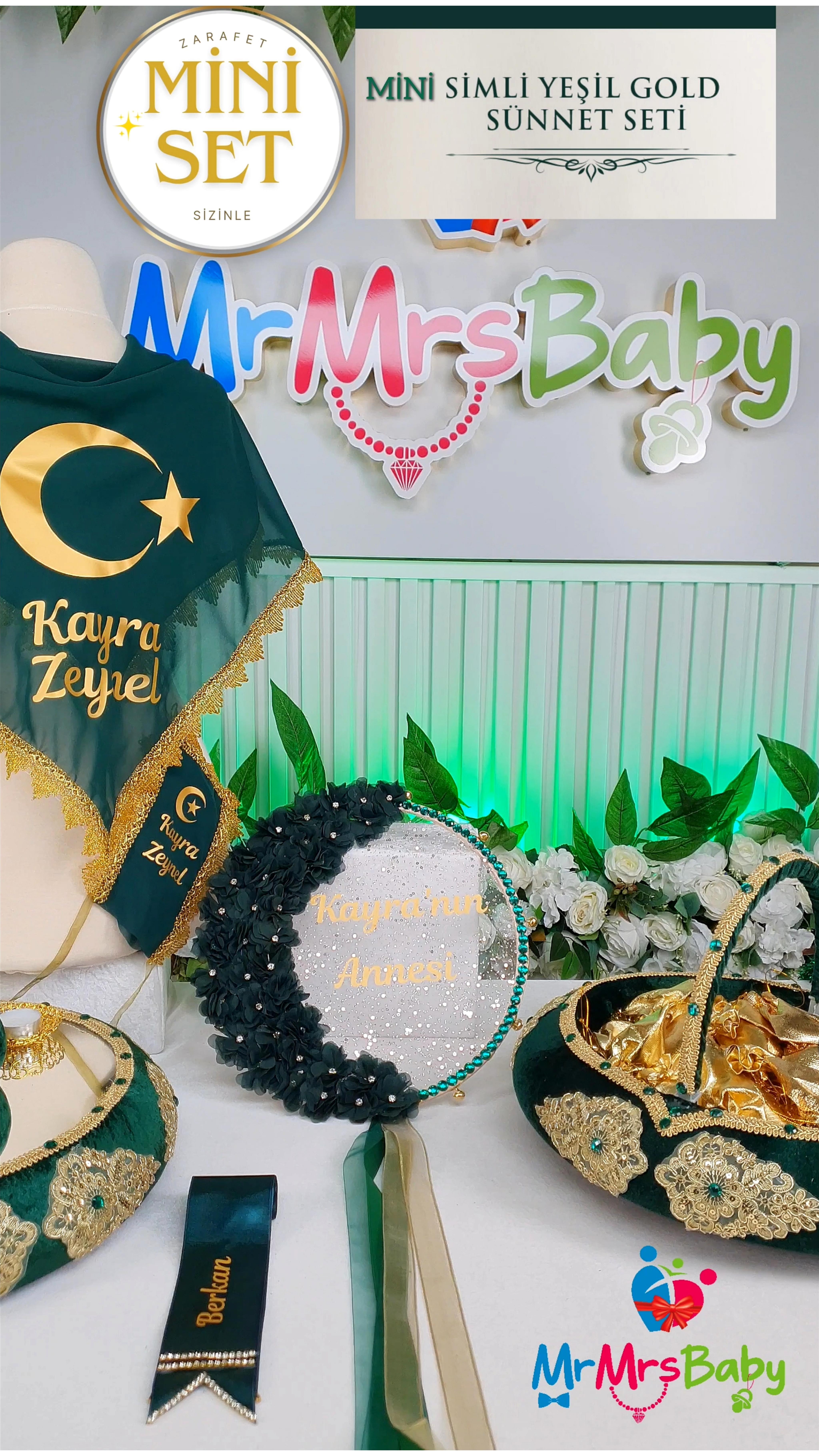 Mini Yeşil Gold Hilal Model Güpürlü Sünnet Kına Seti