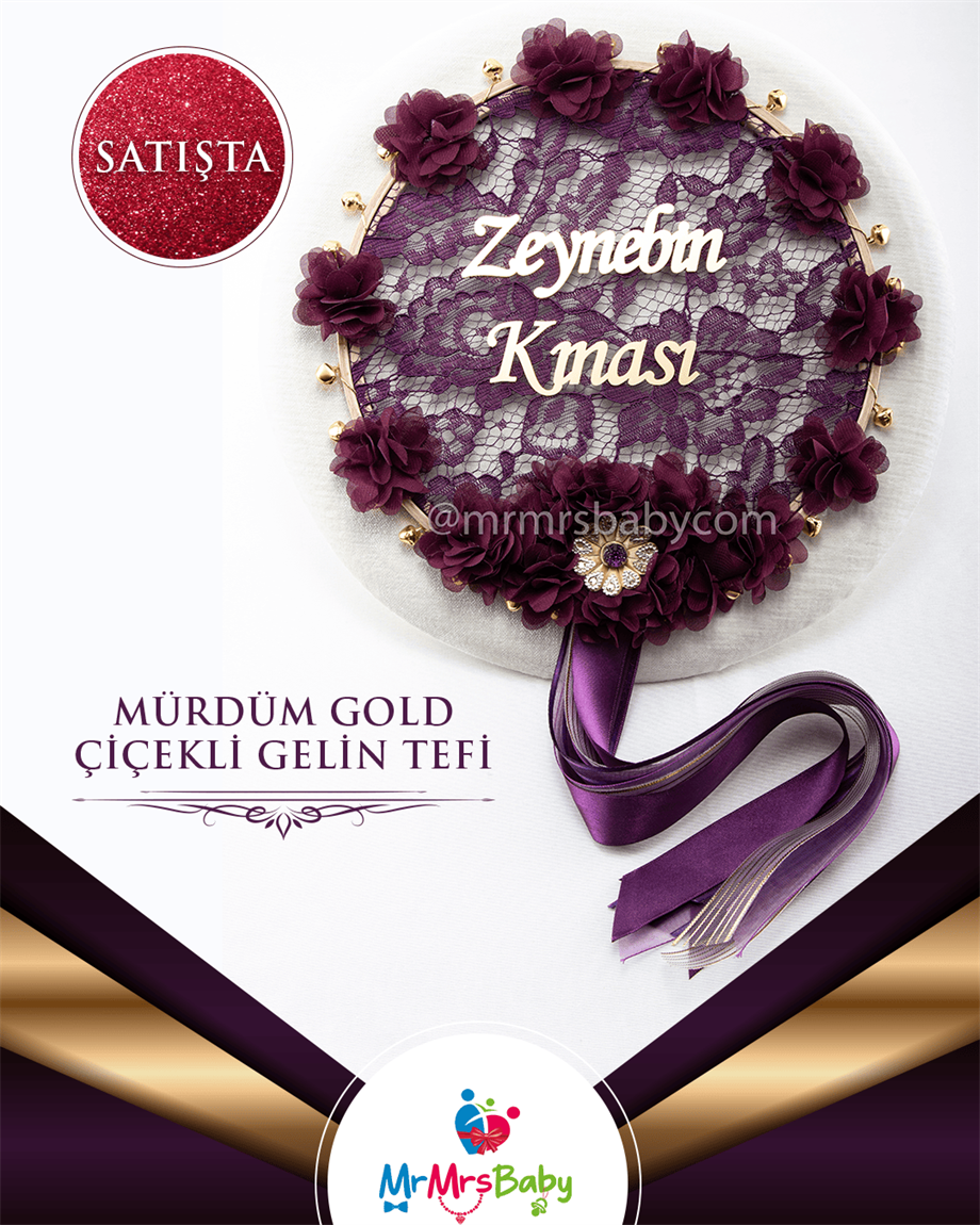 Mürdüm Dantelli  Lazer  Güllü Gold Çiçekli  Pleksi İsimli Büyük Gelin Tefi