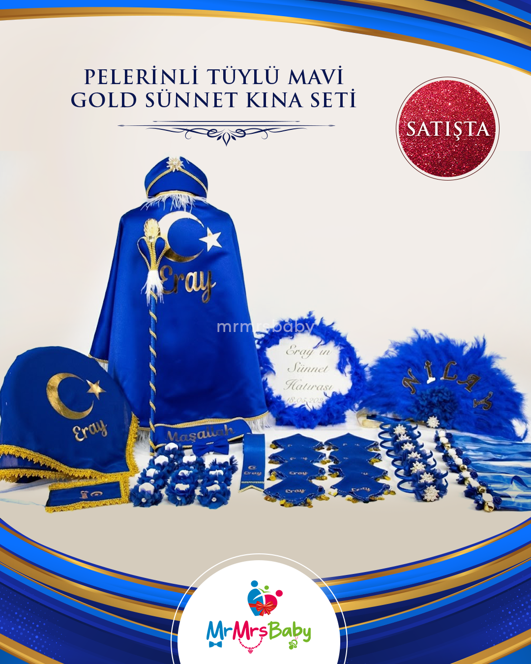 Pelerinli Mavi Tüylü Gold Sünnet  Kına Seti