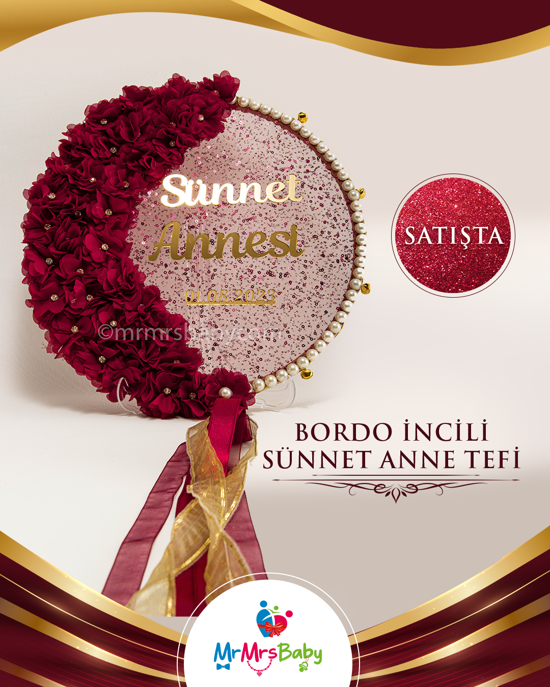 Simli Bordo Gold Fransız Güpürlü İncili Sünnet Anne Tefi