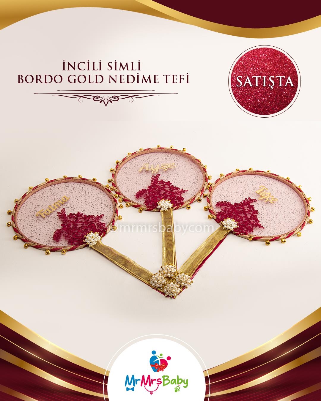Simli Bordo Gold Fransız Güpürlü İsimli Nedime Tefi