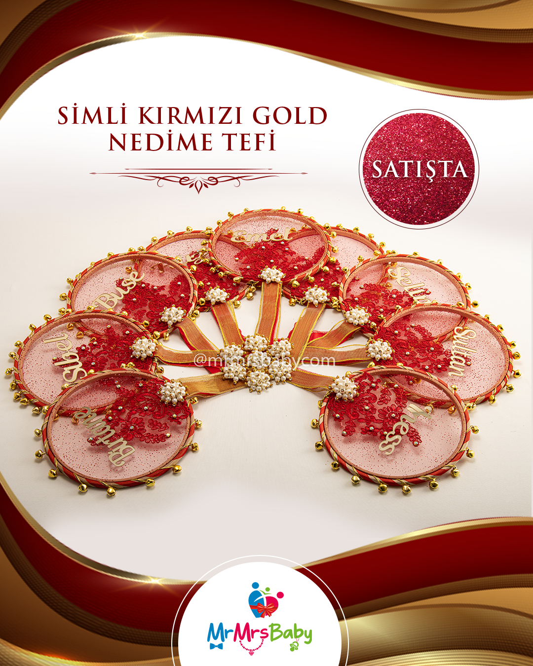Simli Kırmızı Gold Fransız Güpürlü İsimli Nedime Tefi