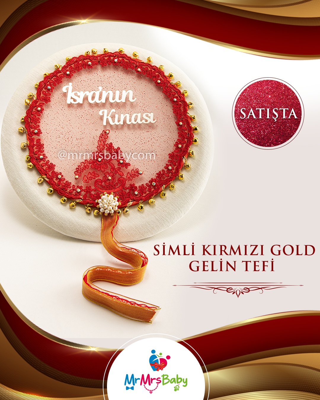 Simli Kırmızı Gold Fransız Güpürlü İsimli Gelin Tefi