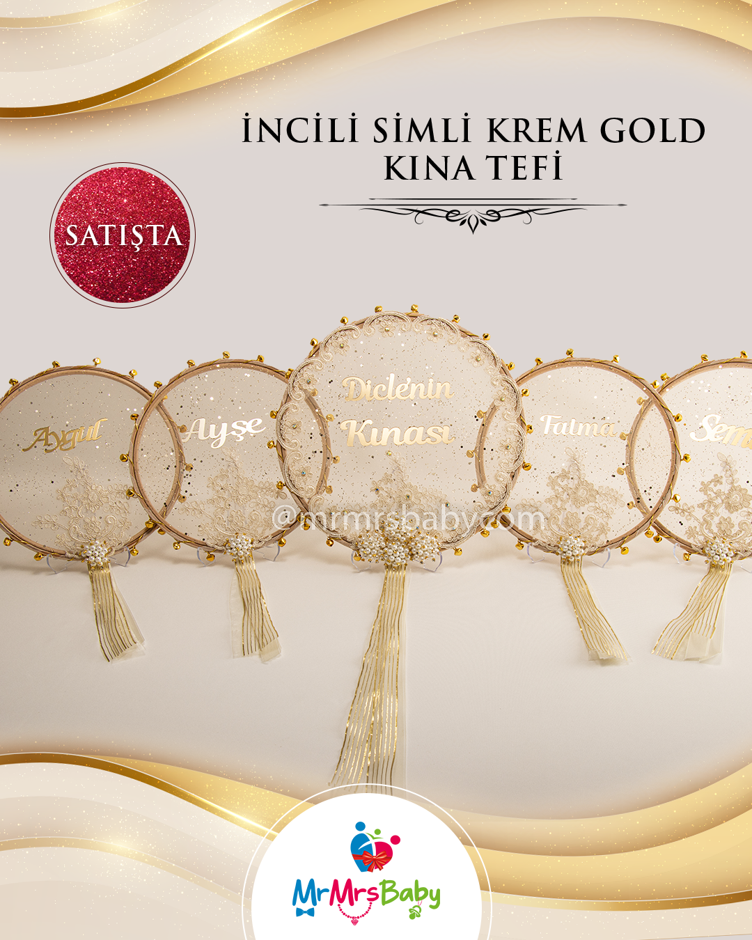 Simli Krem Gold Fransız Güpürlü İsimli Nedime Tefi