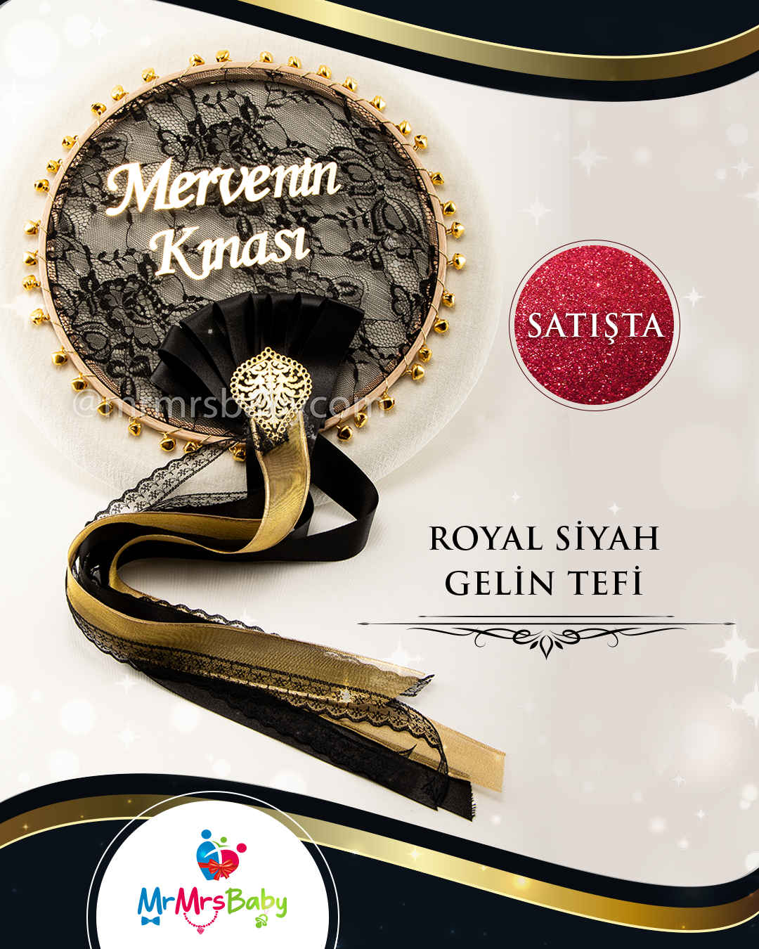 Siyah Dantelli Gold Aksesuarlı  Kurdeleli  Pleksi İsimli Büyük Gelin Tefi