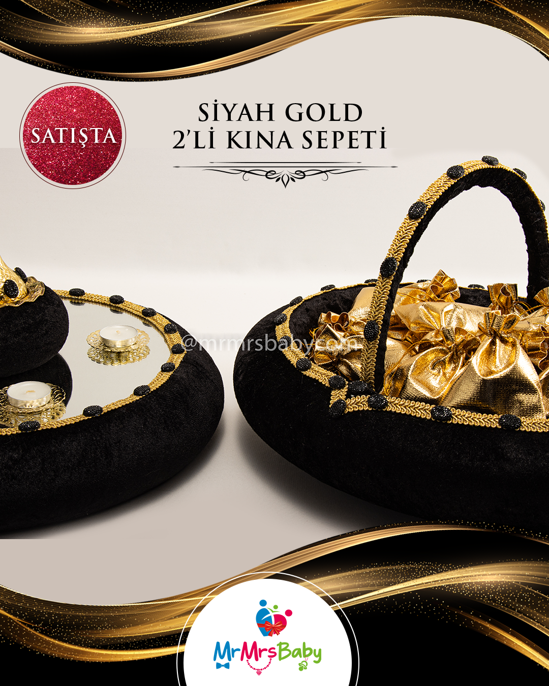 Siyah Gold Aynalı Kadife İkili Kına Sepeti