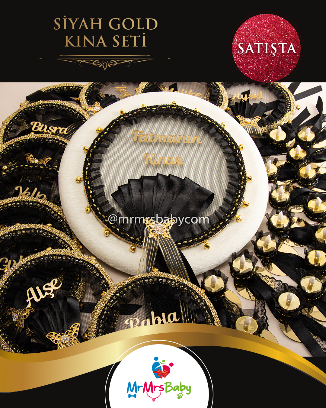 Siyah Gold Şeritli  Gold Aksesuarlı  Pleksi İsimli Büyük Gelin Tefi 