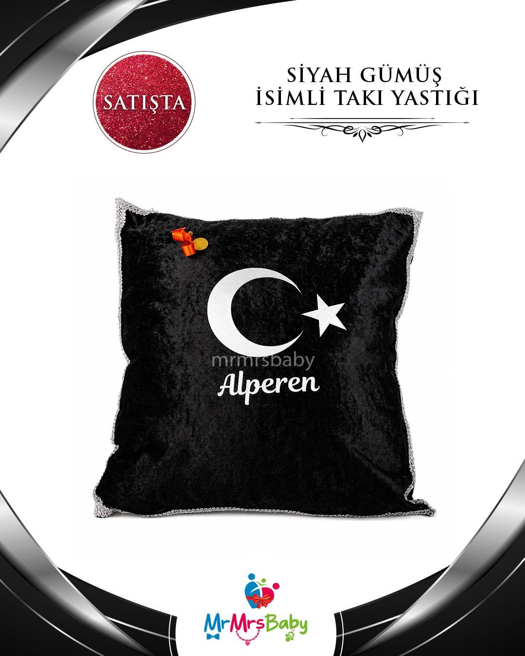 Siyah Gümüş Kadife Sünnet Takı Yastığı