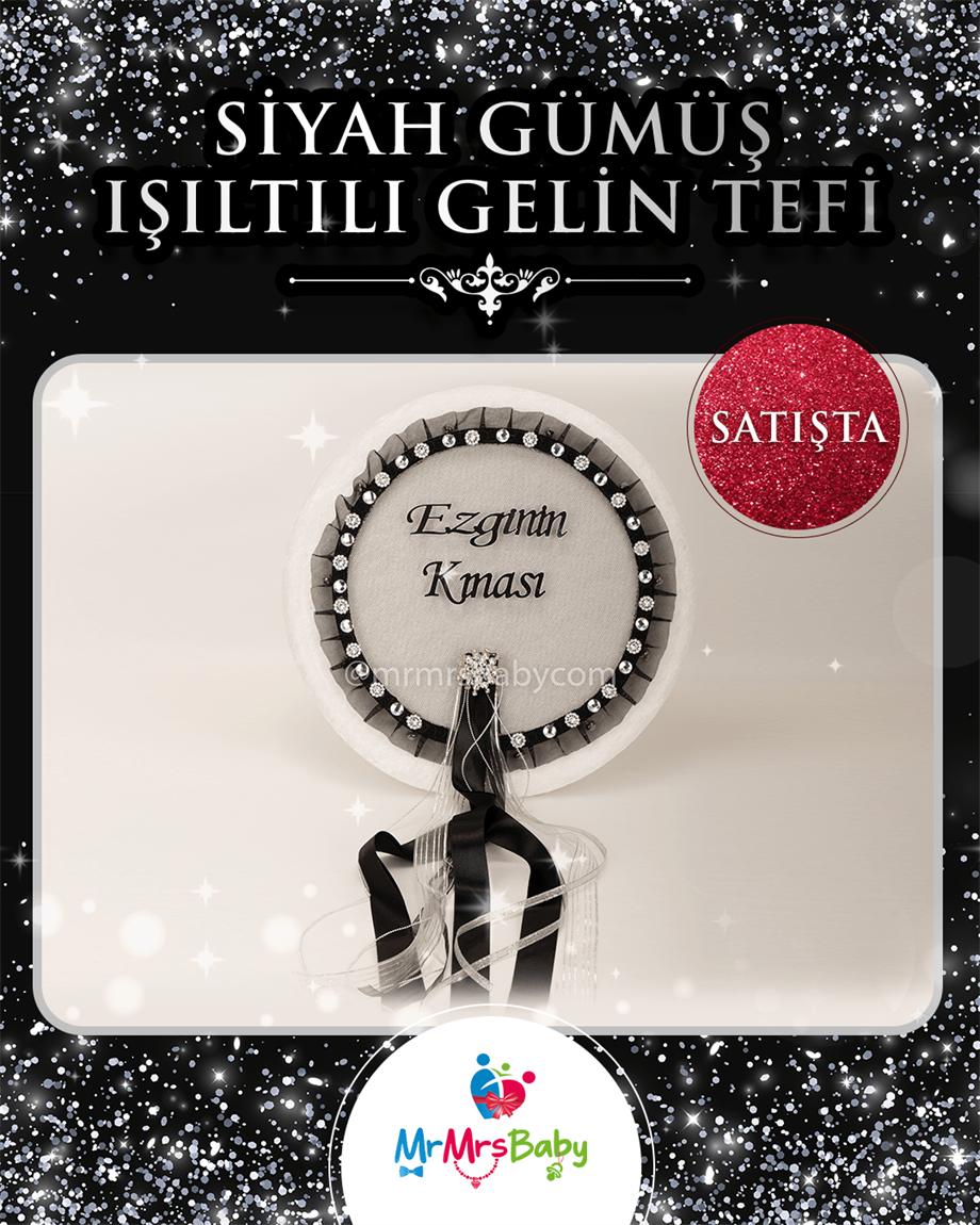 Siyah Gümüş Taşlı Kurdeleli Pleksi İsimli Büyük Gelin Tefi