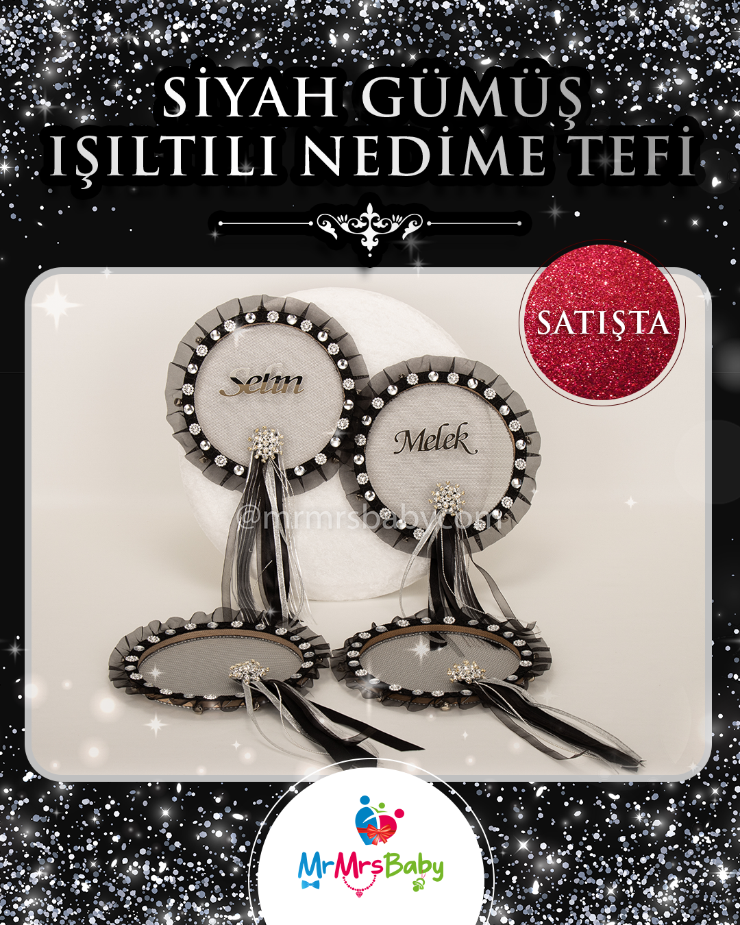 Siyah Gümüş Taşlı Kurdeleli Pleksi İsimli Nedime Tefi