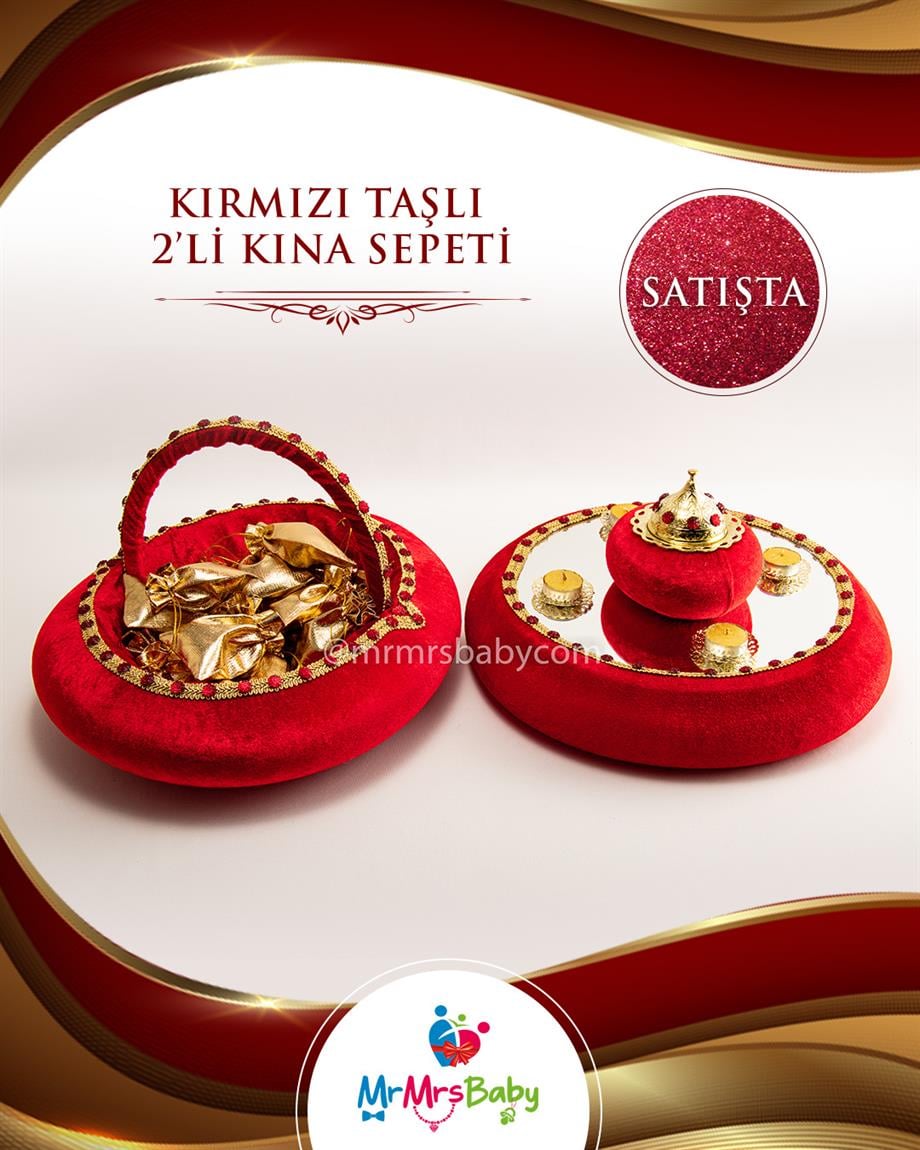 Taş Süslemeli Kırmızı Aynalı Kadife İkili Kına Sepeti