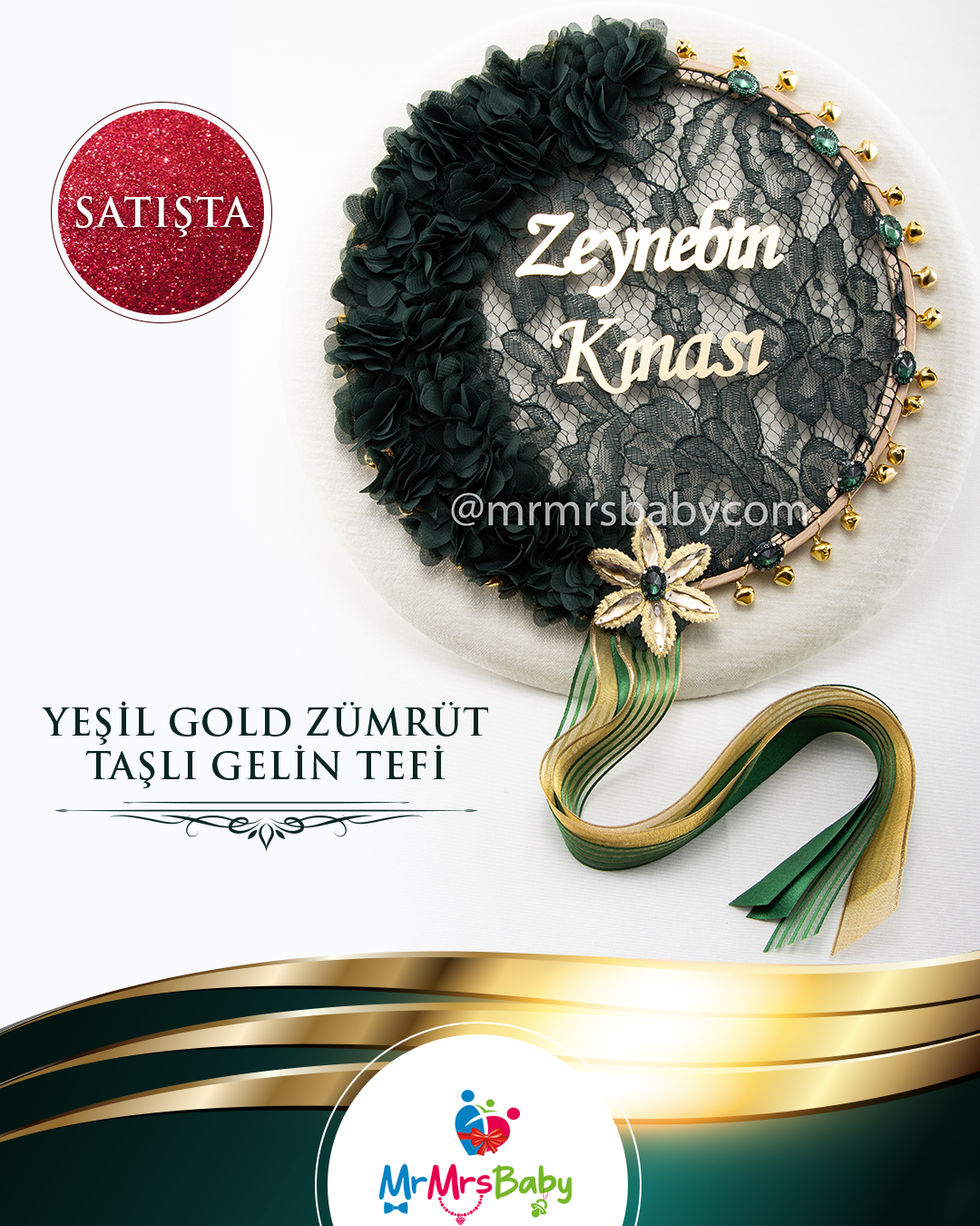 Yeşil Dantelli Lazer Güllü Taşlı Pleksi İsimli Büyük Gelin Tefi