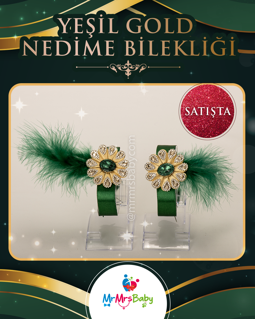 Yeşil Gold Çiçekli Tüylü Nedime Bilekliği