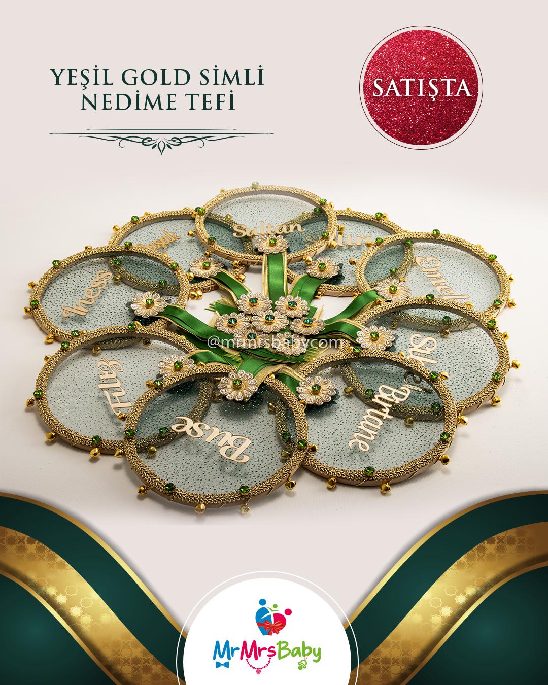 Yeşil Gold Simli Tüllü Yeşil Taşlı İsimli Nedime Tefi