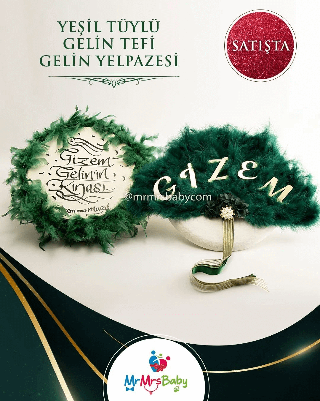 Yeşil gold Tüylü Yelpazeli   Kına Seti