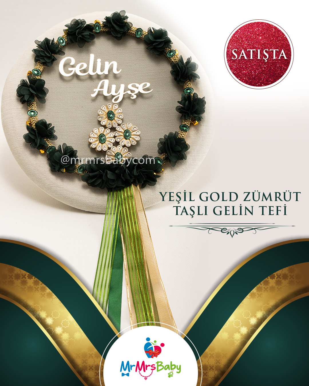 Yeşil Lazer Güllü Yeşil Taşlı Gold Çiçekli  Pleksi İsimli Büyük Gelin Tefi 