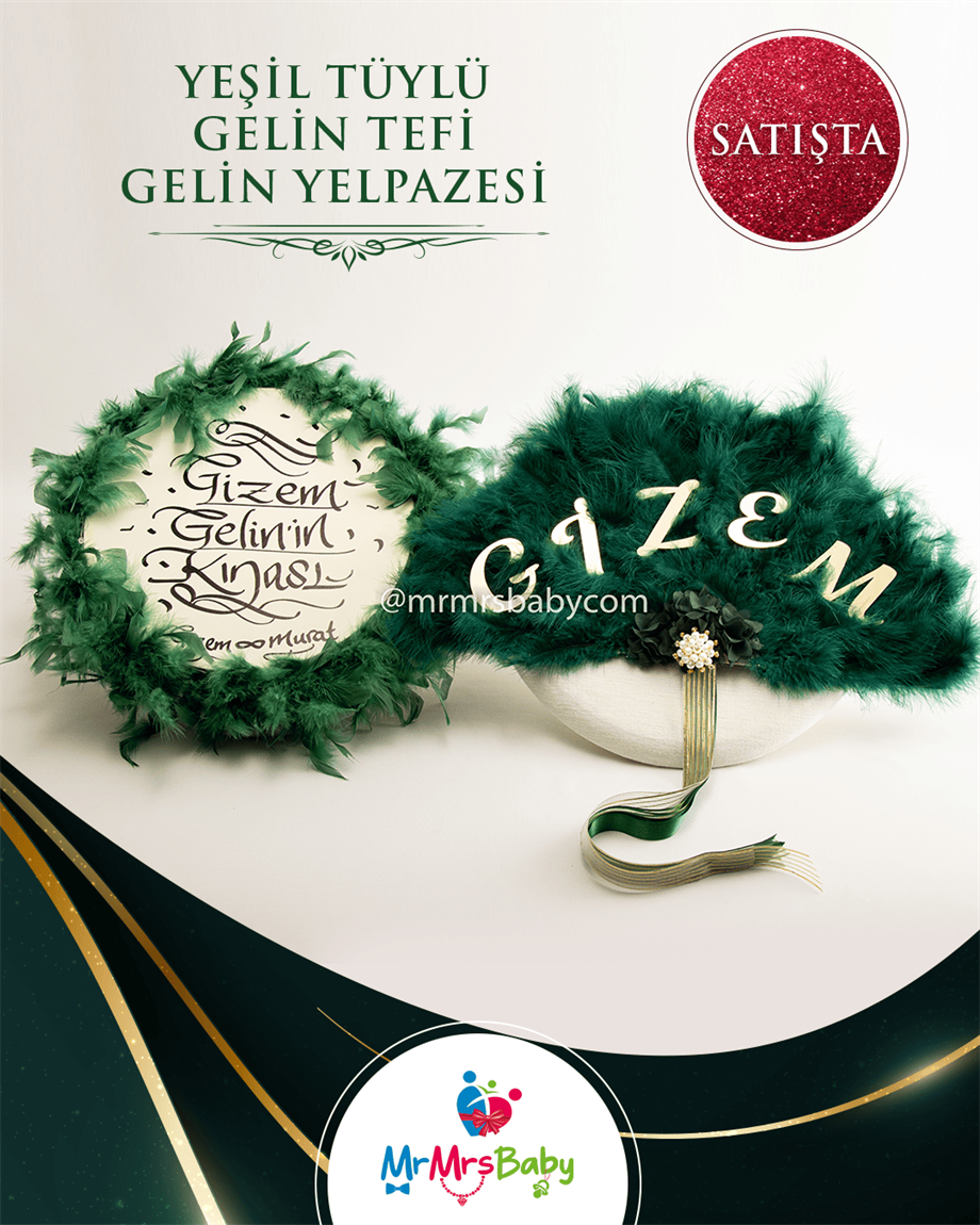 Yeşil Tüylü Yelpaze Ve Gelin Tefi İkili Kına Seti