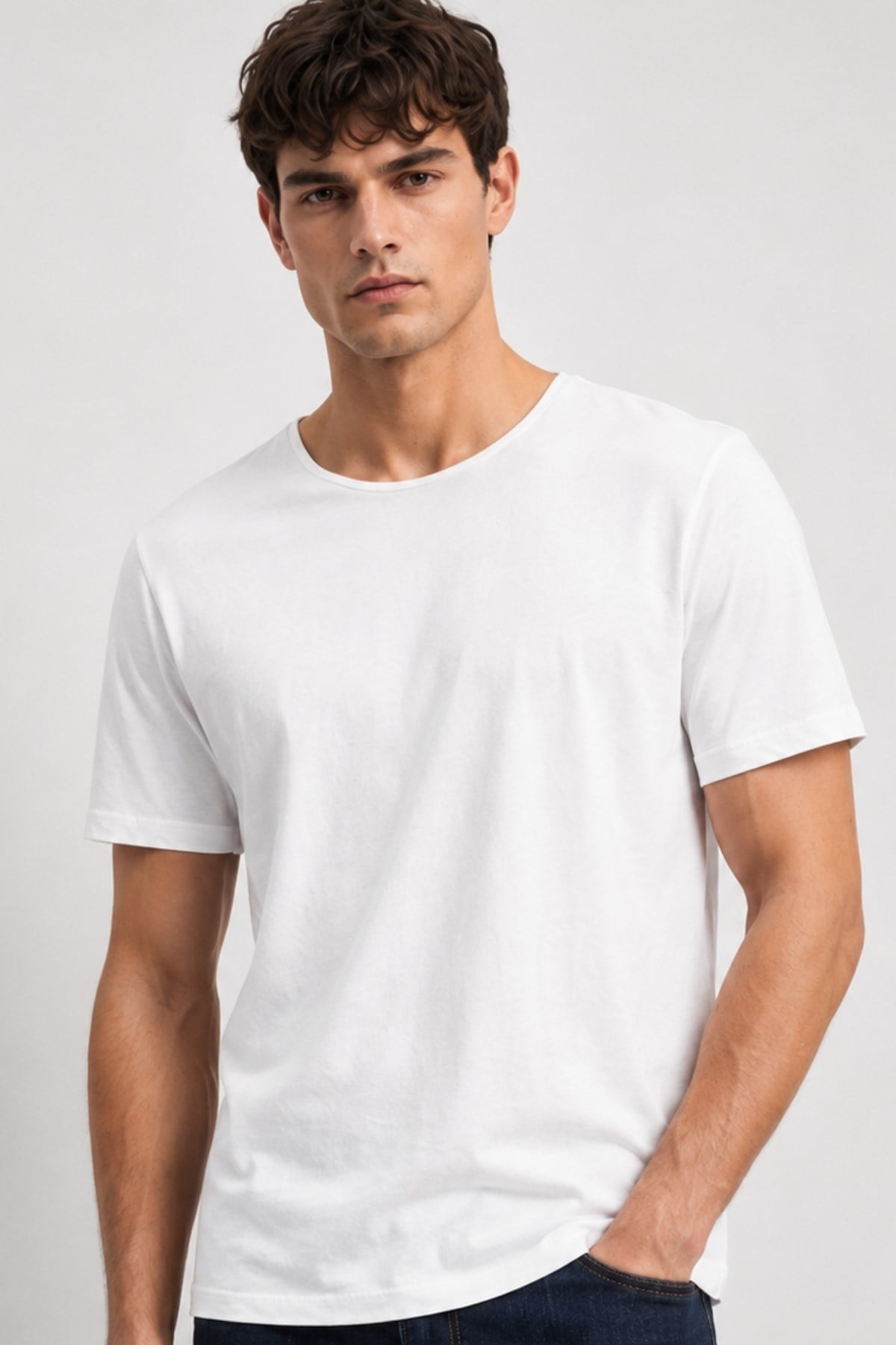 Ekru Erkek Yıkamalı Basic T-shirt