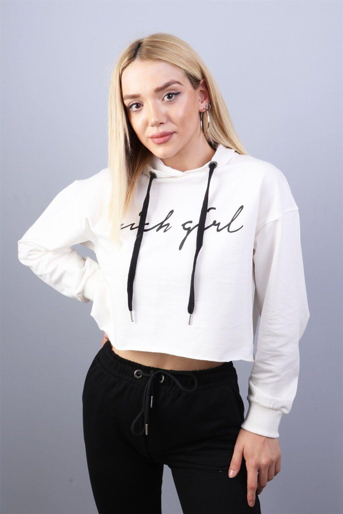 Ekru Kadın Crop Sweatshirt