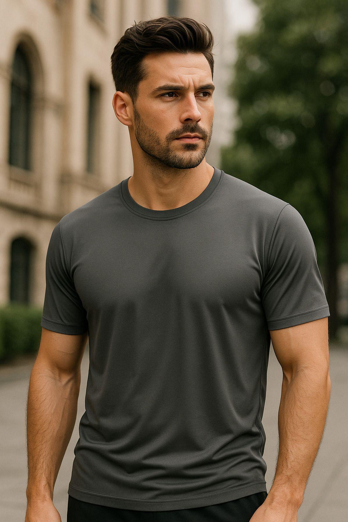 Erkek %100 Pamuk Slim Fit Sporcu Tişört Basic Bisiklet Yaka Kısa Kollu T-Shirt