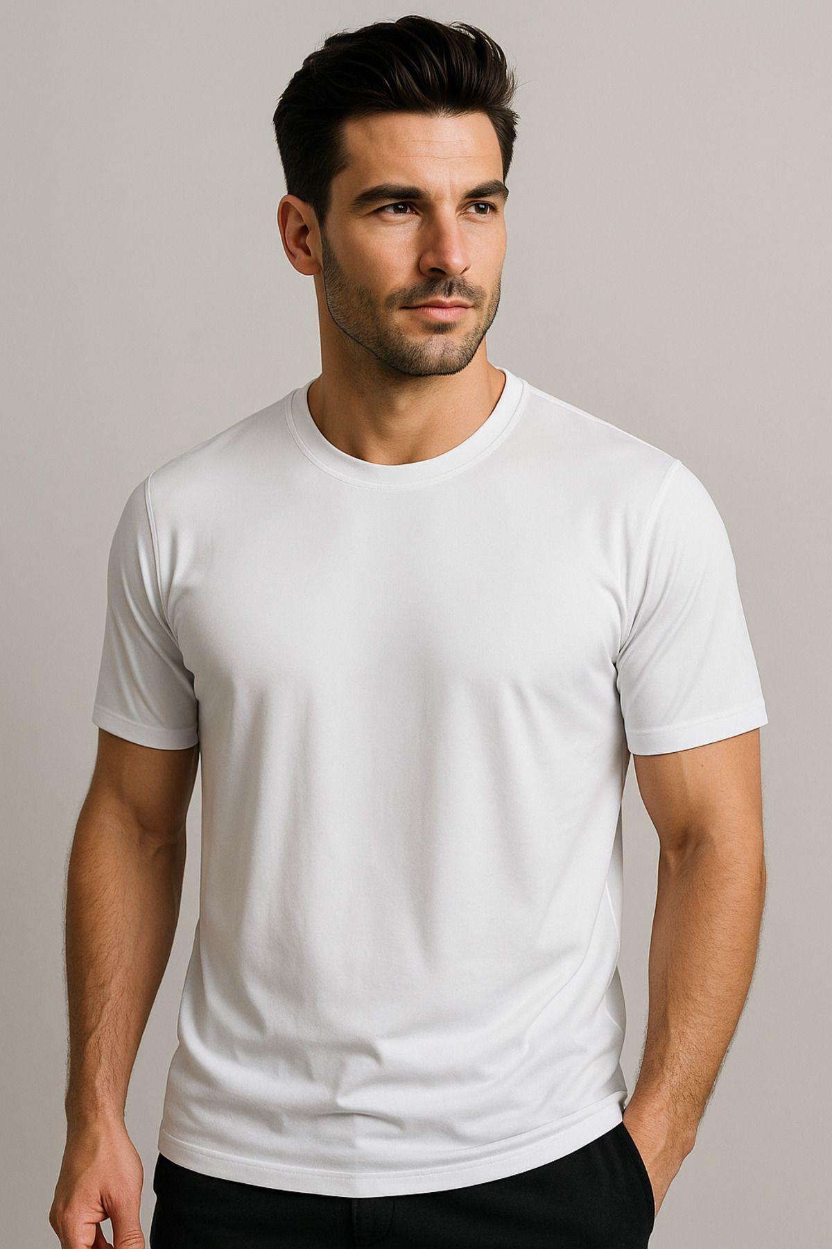 Erkek %100 Pamuk Slim Fit Sporcu Tişört Basic Bisiklet Yaka Kısa Kollu T-Shirt
