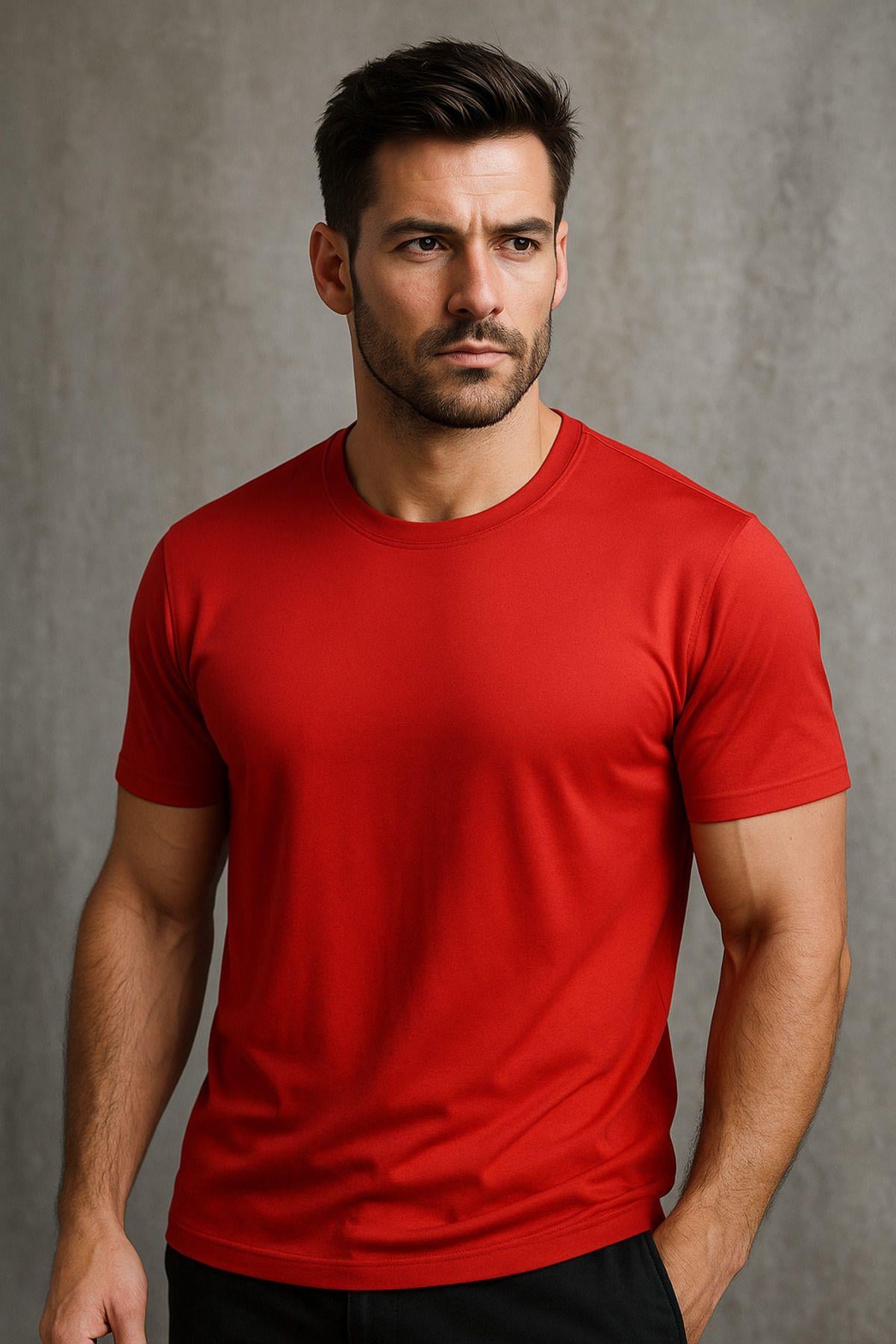 Erkek %100 Pamuk Slim Fit Sporcu Tişört Basic Bisiklet Yaka Kısa Kollu T-Shirt