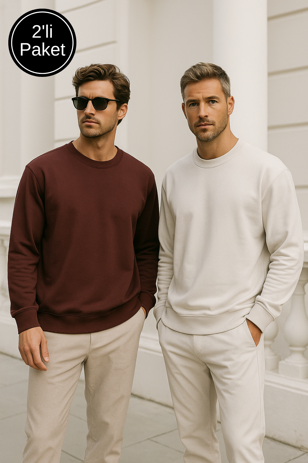 Erkek 2'lİ Paket Kahverengi - Krem Bisiklet Yaka Scuba Basic Sweatshirt