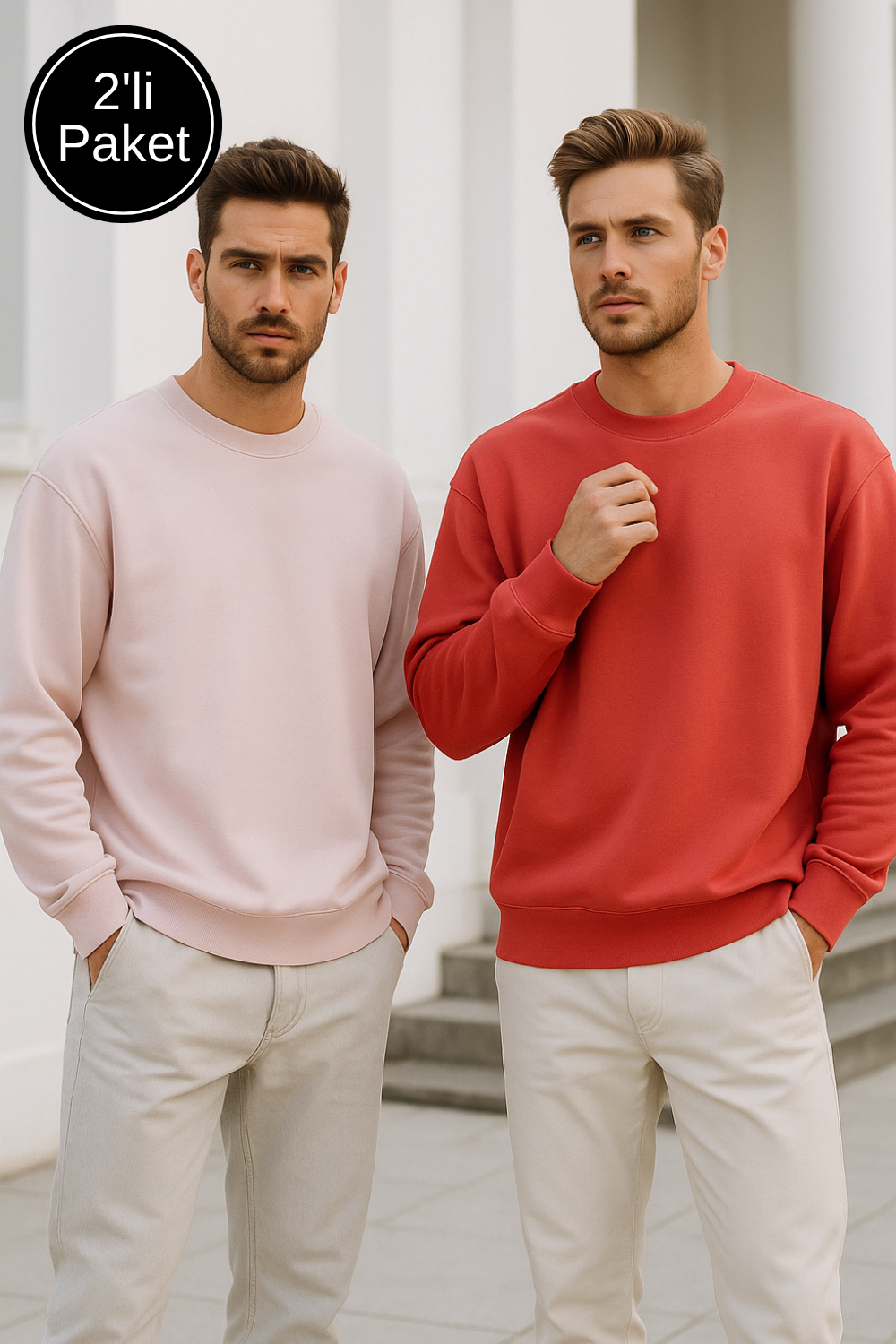 Erkek 2'lİ Paket Nar Çiçeği - Pudra Bisiklet Yaka Scuba Basic Sweatshirt
