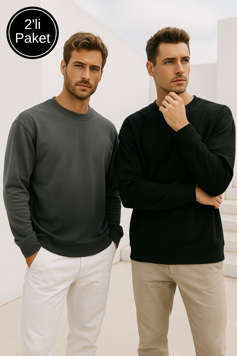 Erkek 2'lİ Paket Siyah - Antrasit Bisiklet Yaka Scuba Basic Sweatshirt