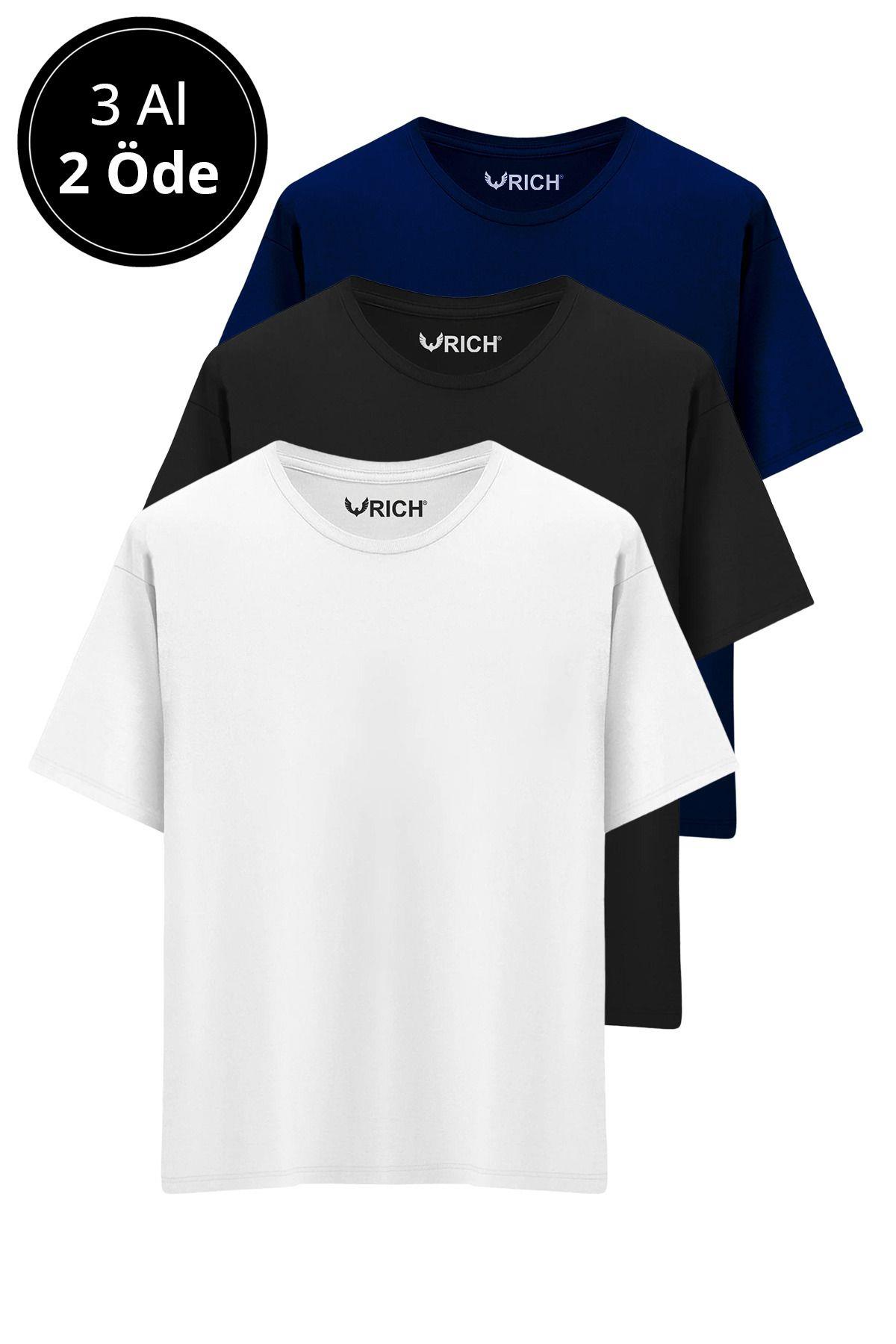 Erkek 3 Lü Paket %100 Pamuk Oversize Tişört Basic Bisiklet Yaka Kısa Kollu T-Shirt